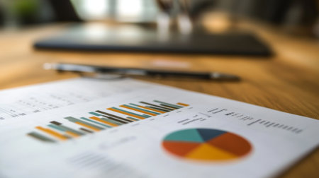 A close-up view of business analysis documents showcasing colorful graphs and charts on a wooden table, symbolizing data studies and insights.の素材