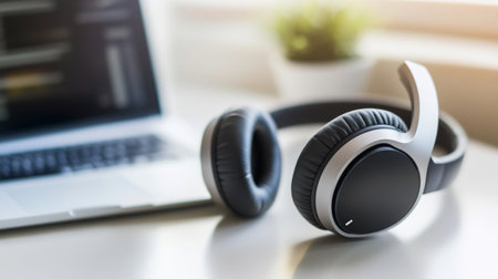 A sleek pair of modern headphones rests on a desk near a laptop and a small plant. Perfect for a contemporary workspace, emphasizing comfort and functionality.の素材