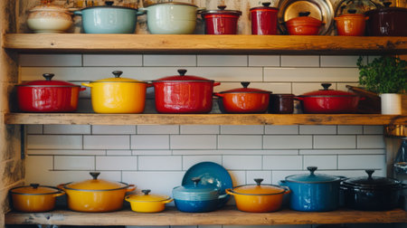 A vibrant collection of colorful cookware on rustic wooden shelves in a kitchen setting. Perfect for adding warmth and character to any culinary space.の素材