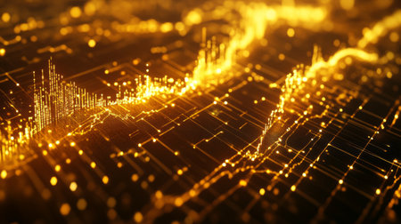 Intricate golden abstract visualization showcasing shimmering lines and dots, representing data flow and technology in a vibrant and artistic manner.の素材