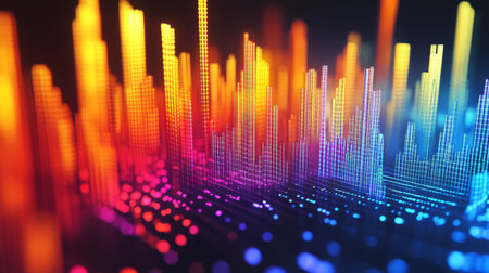 Explore a vibrant digital sound wave visualization showcasing colorful patterns and glowing lights, perfect for illustrating themes of technology and creativity.の素材