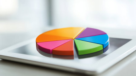 A vibrant pie chart displayed on a tablet, perfect for visualizing data analysis and statistics in a modern business environment.の素材