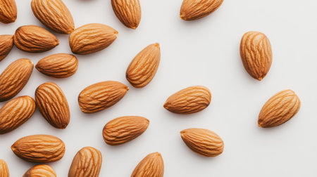 A collection of fresh almonds scattered on a clean white background, perfect for showcasing healthy eating, snacking options, or culinary uses.の素材