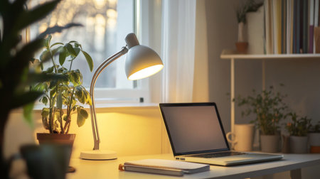 A bright and inviting workspace featuring a sleek laptop, a modern lamp, and a potted plant, all set by a window. Ideal for productivity and creativity.の素材