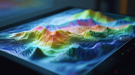 This vibrant 3D visualization captures a colorful landscape of flowing waves and undulating surfaces, representing depth and creative digital art.の素材