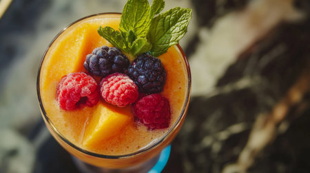 A vibrant smoothie topped with fresh berries and mint, showcasing tropical flavors. Perfect for refreshing drinks, healthy snacking, and summer parties.の素材