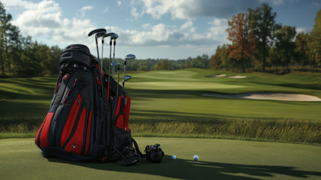 A vibrant golf bag rests on a pristine green, with clubs visible, set against a serene landscape. Perfect for showcasing golfing equipment and outdoor sports.の素材
