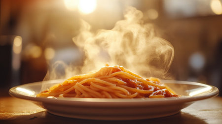 A steaming plate of spaghetti, adorned with rich sauce, glows in soft, warm light. This inviting dish captures the essence of comfort food, perfect for dining.の素材
