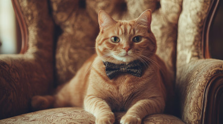 An adorable orange cat dressed in a bow tie lounges on a vintage chair, exuding charm and personality in a cozy indoor setting. Perfect for pet lovers!の素材