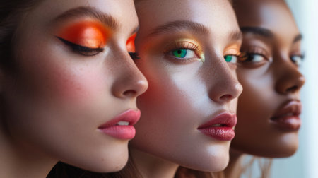 This artistic portrait showcases diverse beauty with bold eye makeup and vibrant colors, highlighting individuality and fashion in an elegant setting.の素材