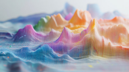 Dynamic and colorful abstract landscape featuring vibrant waves and soft textures, evoking a sense of creativity and tranquility in a modern setting.の素材