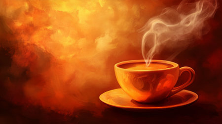 A warm cup of coffee emits steam against a vibrant orange background, creating a cozy and inviting atmosphere perfect for relaxation and enjoyment.の素材