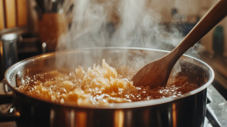 A close-up view of pasta boiling in a pot with steam rising, showcasing the cooking process and ingredients. Perfect for culinary and kitchen themes.の素材