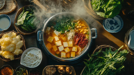 A colorful hot pot brimming with fresh vegetables, tofu, and aromatic herbs, creating a delightful and communal dining experience. Perfect for gatherings.の素材