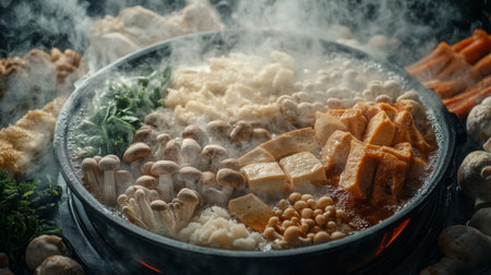 A vibrant assortment of fresh ingredients for a hot pot dish, featuring mushrooms, tofu, and vegetables, creating a steaming and aromatic dining experience.の素材