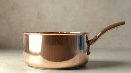 A stunning copper cooking pot resting on a neutral surface, highlighting its sleek design and reflective quality, perfect for modern kitchen aesthetics.の素材