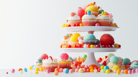 A delightful display of colorful cupcakes topped with frosting and surrounded by an assortment of vibrant candies, perfect for celebrations.の素材