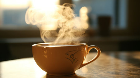 A tranquil scene featuring a steaming cup of coffee in soft morning light. This image evokes feelings of warmth, comfort, and relaxation, perfect for lifestyle themes.の素材