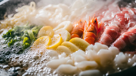 A colorful and vibrant seafood hot pot featuring shrimp, vegetables, and lemon slices simmering in a flavorful broth, perfect for sharing and enjoying.の素材