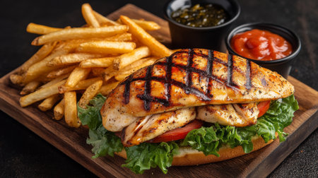 A mouthwatering grilled chicken sandwich served with fresh lettuce and tomato, accompanied by crispy French fries and flavorful dipping sauces on a wooden platter.の素材