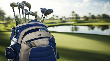A stylish golf bag filled with clubs rests near a scenic green landscape, perfect for showcasing the essence of leisure and sport in nature.の素材