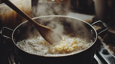 A moment captured in the kitchen as pasta cooks in a pot, surrounded by steam and bubbles. The wooden spoon stirs the noodles, creating a warm and inviting atmosphere. Perfect for food lovers.の素材