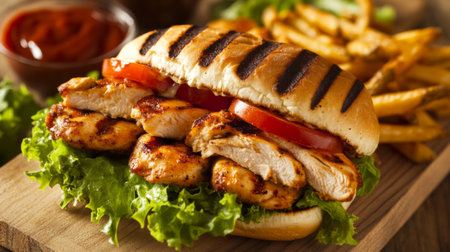A mouthwatering grilled chicken sandwich stacked with fresh lettuce and tomato, served with crispy fries on the side, perfect for a delightful meal.の素材