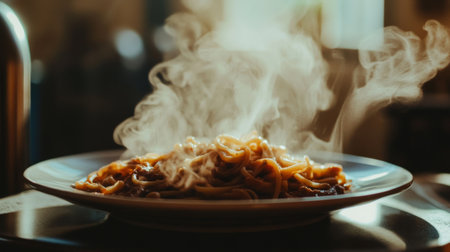 A steaming plate of delicious pasta, showcasing the enticing aroma and inviting presentation. Perfect for food lovers and culinary enthusiasts.の素材