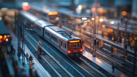 A captivating miniature train station scene at twilight, showcasing intricate details of railways, an electric train, and vibrant city lights. Perfect for transportation enthusiasts.の素材