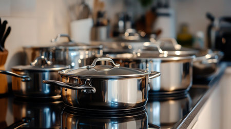A collection of sleek stainless steel cookware arranged on a kitchen stove, showcasing modern design and functionality. Perfect for culinary enthusiasts.の素材