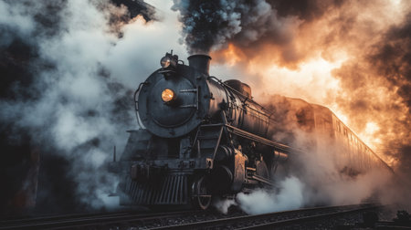 A vintage steam train emerges through dramatic smoke and light, capturing the essence of travel and nostalgia. Perfect for conveying history and industrial beauty.の素材