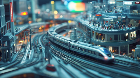 A captivating miniature train scene showcasing a busy urban landscape filled with intricate models, vibrant lights, and bustling crowds, perfect for hobbyists.の素材
