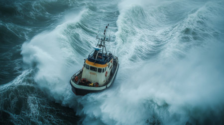 A tugboat battles towering waves in a fierce storm, showcasing the resilience and bravery of maritime navigation in unpredictable weather conditions.の素材