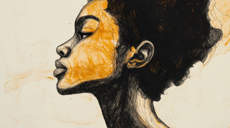 This artwork features an elegant profile of a young woman, showcasing intricate line work and a blend of colors, illustrating beauty and creativity.の素材