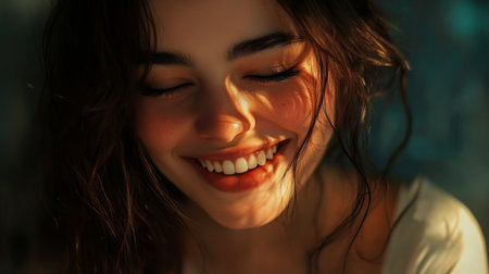 A close-up portrait of a joyful young woman smiling brightly, featuring soft lighting that enhances her natural beauty and warmth. Perfect for conveying happiness and positivity.の素材