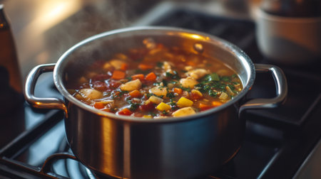 A steaming pot of fresh vegetable soup bubbling on the stove. This vibrant dish showcases an abundance of healthy ingredients for a nutritious meal.の素材