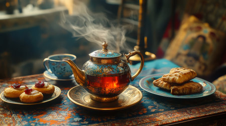 A beautifully arranged tea set featuring a steaming teapot, delicate cups, and an assortment of sweet pastries, set in a cozy, inviting atmosphere.の素材