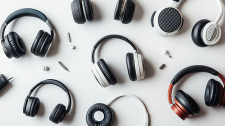 A visually appealing assortment of various headphones showcased on a clean white background, highlighting different styles and features for audio enthusiasts.の素材