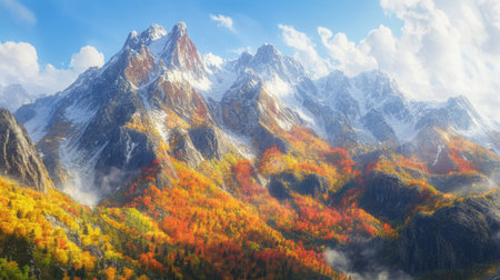 Explore a stunning mountain landscape adorned with vibrant autumn colors, showcasing nature's beauty and tranquil wilderness under a bright sky.の素材