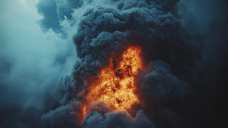 A striking image showcasing a fiery eruption amid dark, swirling clouds. The vibrant flames contrast with the ominous smoke, creating a dramatic scene.の素材