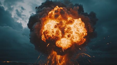 Dramatic explosion featuring bright flames and dense smoke against a moody sky. This intense scene captures the raw power and chaotic beauty of fire.の素材