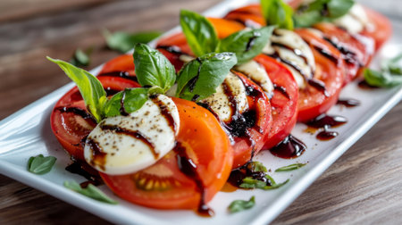 A vibrant Caprese salad featuring fresh tomato and mozzarella slices, garnished with basil and drizzled with balsamic glaze, perfect for any meal.の素材