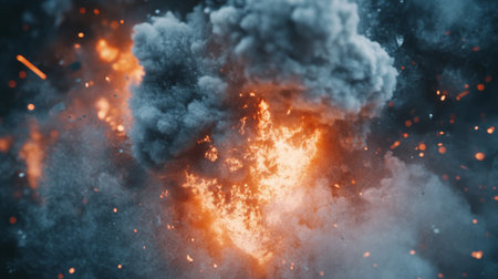 A striking visual of an explosive fire burst surrounded by thick smoke. The dynamic contrast between flames and dark clouds creates a powerful scene.の素材
