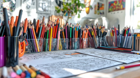 A vibrant collection of colored pencils arranged in a creative workspace, perfect for illustrating the joy of art and crafting. Ideal for inspiration.の素材