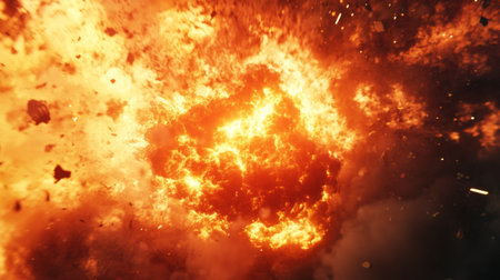 A dramatic explosion captured in vivid detail, showcasing an intense fireball erupting with flames and smoke. The scene conveys power and chaos.の素材