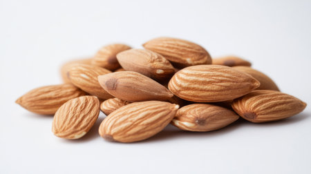 A close-up view of raw almonds arranged on a white background. These nuts are known for their health benefits, making them a popular snack choice. Perfect for culinary use and nutritious diets.の素材