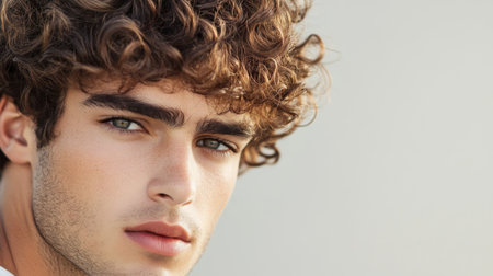 A captivating close-up portrait of a young man with curly hair, showcasing his intense gaze and natural beauty against a soft background.の素材