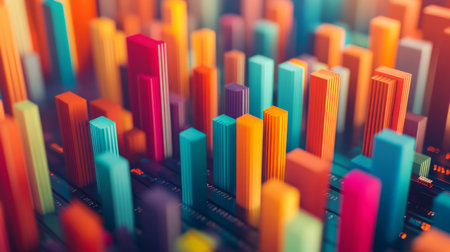This vibrant abstract image showcases a colorful 3D visualization, featuring dynamic structures representing data and statistics in a modern tech environment.の素材
