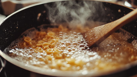 A close-up view of pasta boiling in water, creating steam and bubbles. A wooden spoon stirs the pot, highlighting the cooking process in a vibrant kitchen setting.の素材