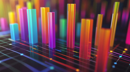 Vibrant abstract bars represent digital data visualization. Ideal for technology and business themes, this colorful image captures statistics in an engaging way.の素材